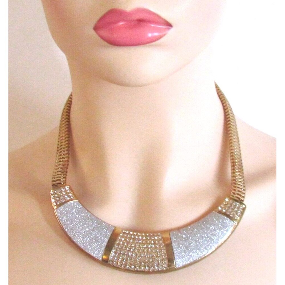 DESIGNER GOLD SILVER CRYSTAL RHIENSTONES DETAIL GOLD CHAIN STATEMENT NECKLACE